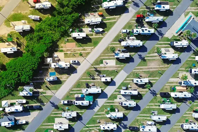 aerial pov of campground with rvs