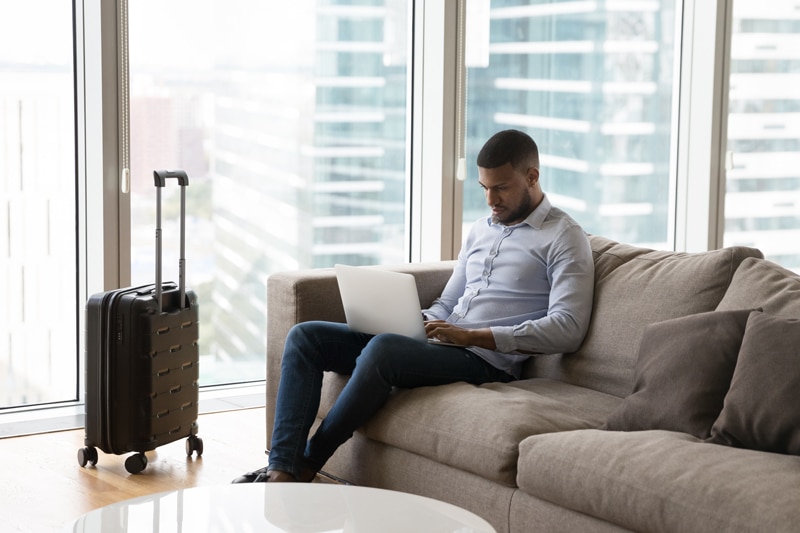 hotel guest using computer