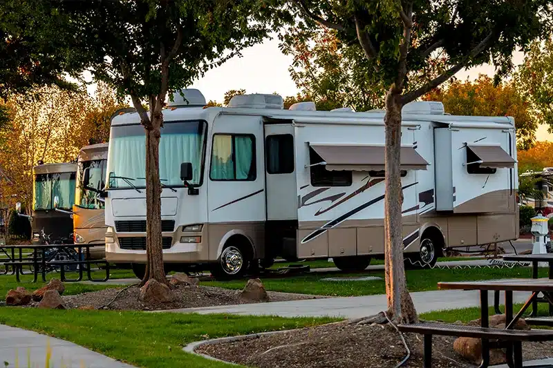 rv parked at campground with trees